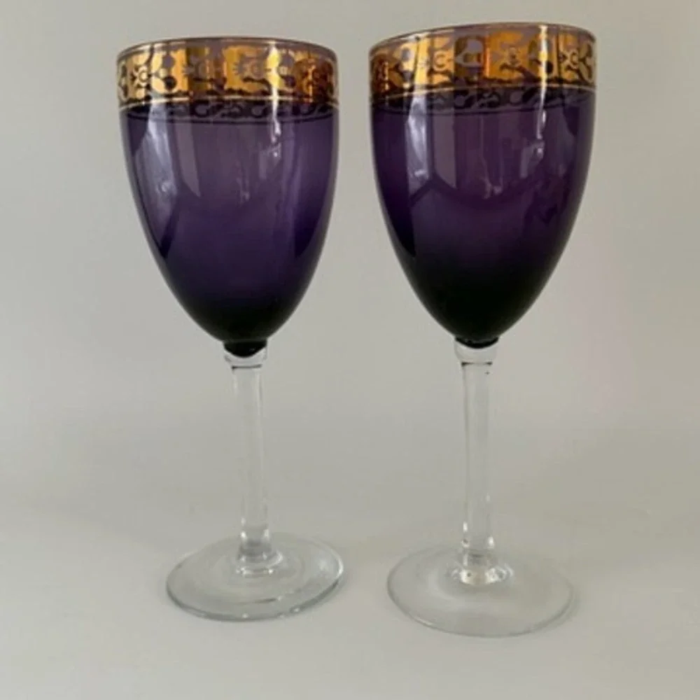 Pier 1 Vintage Amethyst Purple Wine Glasses with Gold Encrusted Rim Set of 2